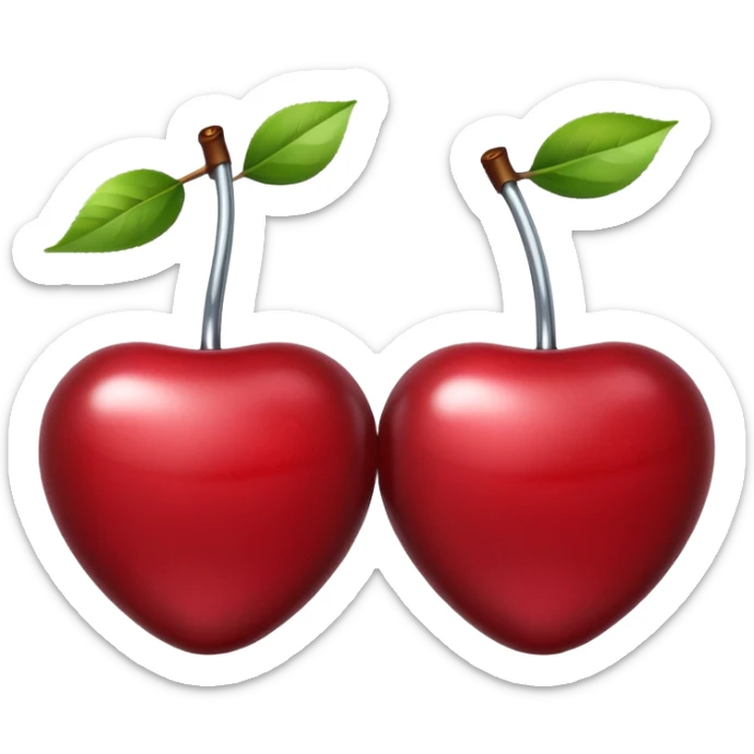 A pair of cherries emoji made of polished silver chrome, smooth rounded shapes, glossy metallic finish, soft highlights and reflections, cute proportions, iOS emoji style, centered, clean white background, no text sticker