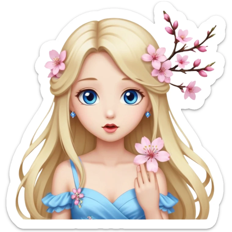 Girl with long blond hair and sakura accessories on her hair with a long tailed dress and have blue eyes beautiful finish and she sending lovely kisses  sticker
