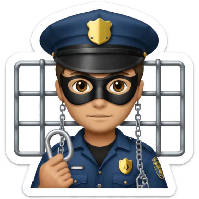 emoji of a thief in prison holding bars with a lock, police hat, chains, and a black mask, compact emoji format sticker