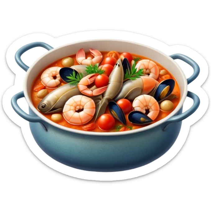 Cinematic Realistic Buzara Seafood Dish Emoji, depicted as a rustic, flavorful seafood stew with shellfish rendered with rich textures and dynamic, maritime lighting. sticker