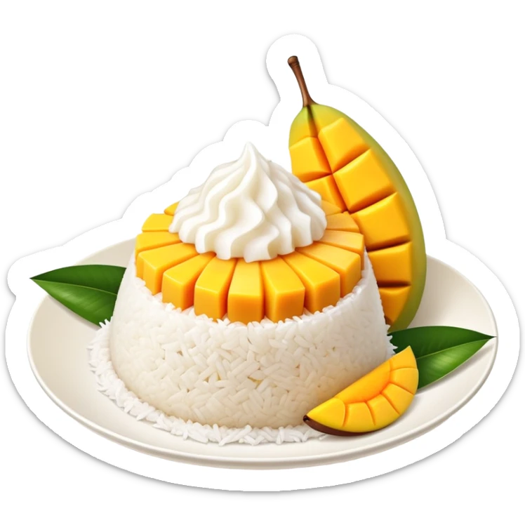 cinematic-realistic-mango-sticky-rice-dessert-emoji,-showcasing-sweet-sticky-rice out of a mould-paired-with-ripe-mango-slices-and-coconut-milk-rendered-with-lifelike-detail-and-warm,-inviting-lighting with the coconut  milk over the rice sticker