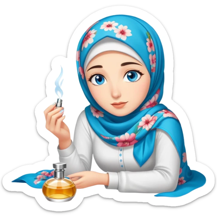 Turkish beautiful finish Konya girl blue eyes with floral hijab smells perfume on the floor  sticker