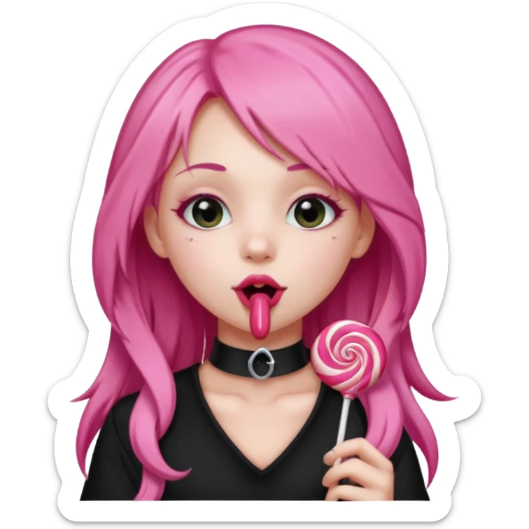 Cute girl with long pink hair wearing black, and a cute choker  licking a lolli sticker