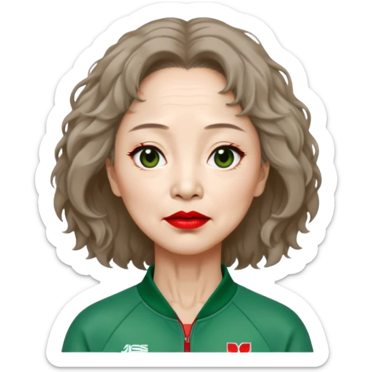 Han Mi-nyeo : Age: Late 60s
Appearance: A middle-aged woman with wrinkles, frizzy, messy light brown hair and dramatic red lipstick.
Outfit: Green player tracksuit sticker