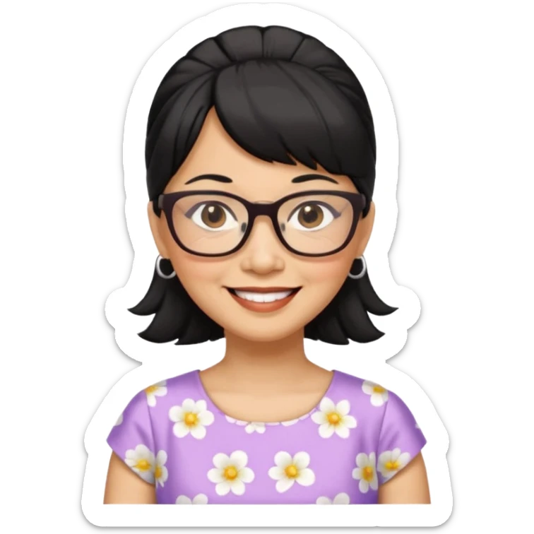 filipino woman black hair in one pony tail with straight bangs and big glasses, 60 yr old, nice dress

 sticker