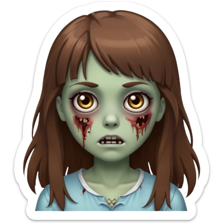 Zombie girl emoji with long brown hair, bangs, big black eyes sticker