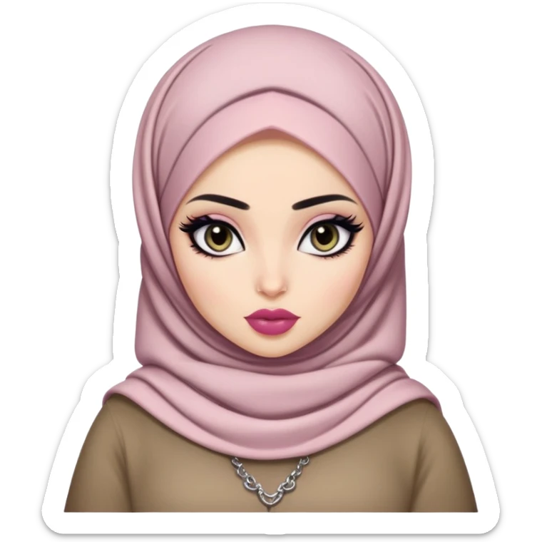 hijabi, pretty big lips, clothes, pale skin,  dark eyes, pretty bratz baddie, black eyeliner.  sticker