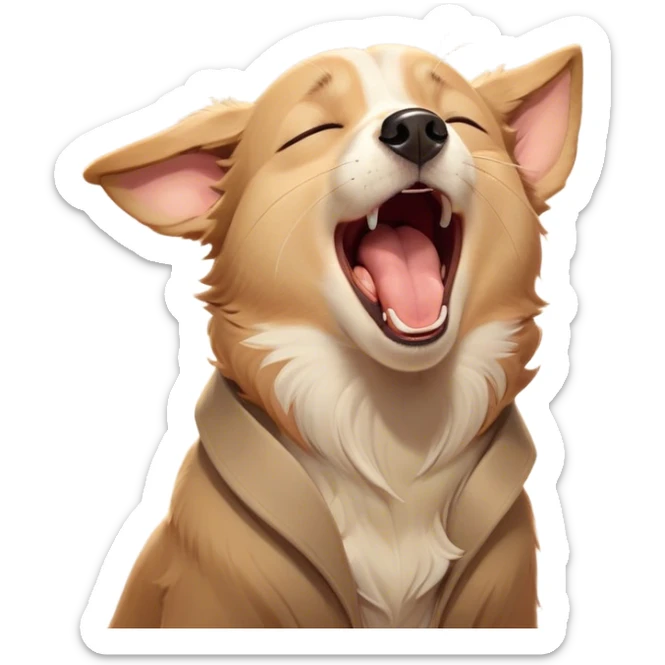 Cinematic Cute Yawning Domestic Dog Portrait Emoji, Head tilted slightly with a dramatic, wide-open yawn, showcasing a plush, inviting coat with gently drooping ears and half-closed, drowsy eyes, Simplified yet irresistibly adorable features, highly detailed, glowing with a soft, cozy glow, high shine, relaxed yet expressive, stylized with a dash of playful whimsy, soft glowing outline, capturing the essence of a sleepy yet affectionate dog that seems ready to stretch out for a nap! sticker