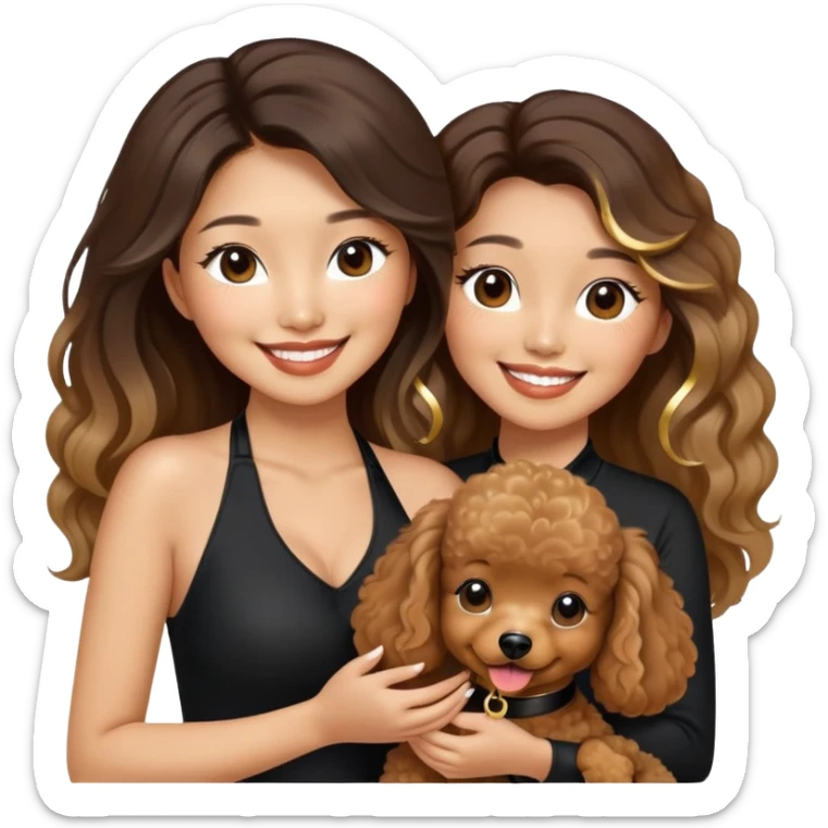 an asian lady with long balayage hair with gold highlights, long lashes, wearing black halterneck top, smiling happily, and holding a brown poodle sticker