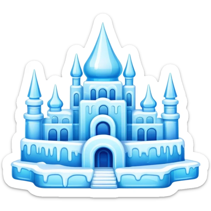 Harbin Ice and Snow Festival colorful ice sculpture, simplified emoji style with bold outlines and bright colors, cartoon style ice building sticker