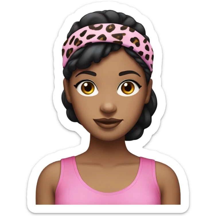 Light skin black girl with black hair wearing a pink top and leopard print plastic head band sticker