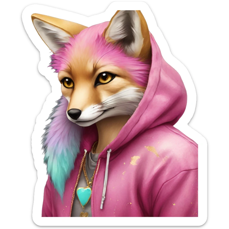 Pink magenta burgundy maroon cyan beige gray fox wearing a pink hoodie with gold jewellery gold piercings gold ear piercing gold nose piercing vintage watercolour tie dye black raven wings sticker