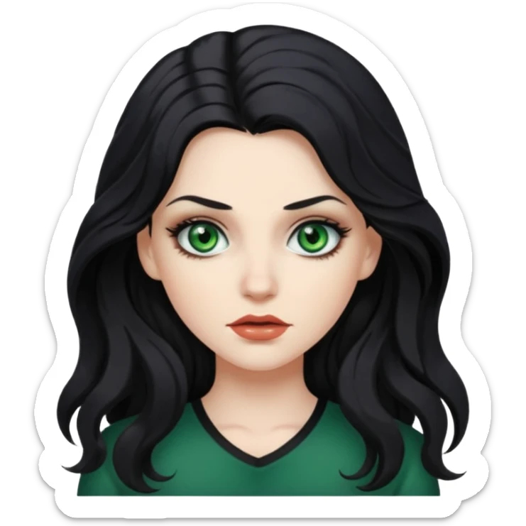 Mean looking white girl with long, wavy black hair, green eyes, and wearing makeup. sticker