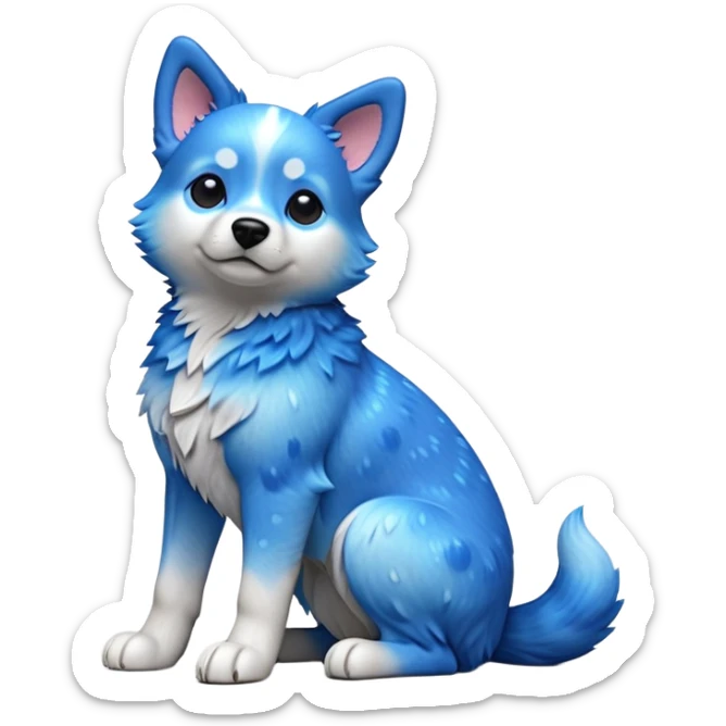 cinematic-[australian catle dog]-realistic-full-body-sitting-emoji,-tail-resting-loosely-beside-its-paws,-head-tilted-dramatically,-sleek-[vibrant-blue-speckle-fur]-fur,-simplified-yet-realistic-focused-features,-highly-detailed,-glowing-with-an-almost-sarcastic-glow sticker