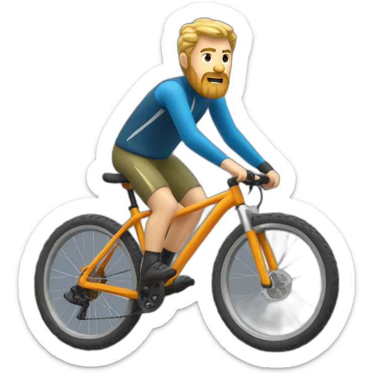 A 50 years old man with blond hair and a blond Beard is driving a mountain bike sticker