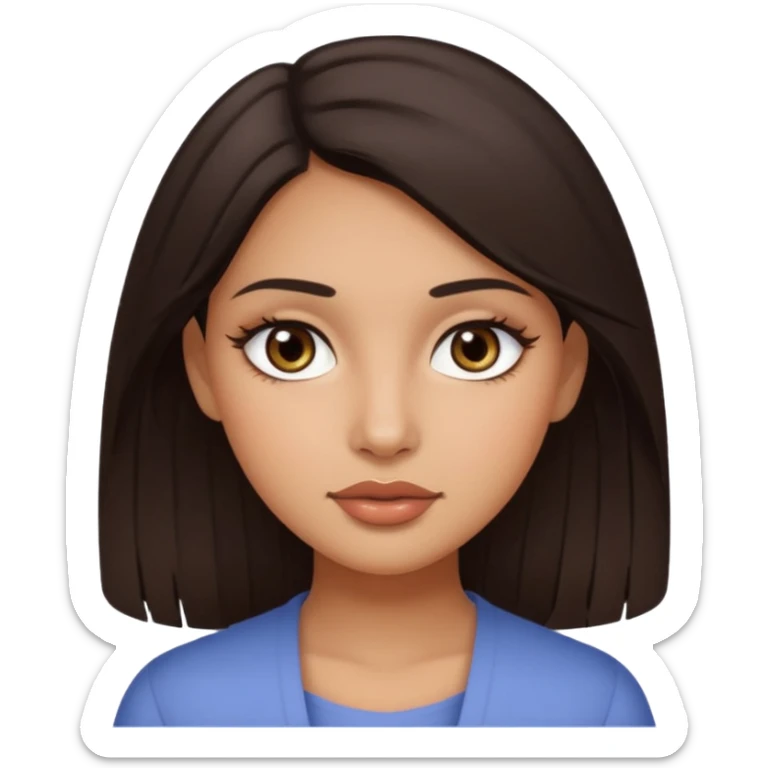 She's with long dark brown hair on her teenager years and her eyes are brown with not very  long natural lushes  her skin is not whit eits medium ( olive) and her faces shape is oval and a little bit circle her lips  awesome but not big lips she has a make up but clean natural looking  make up  sticker