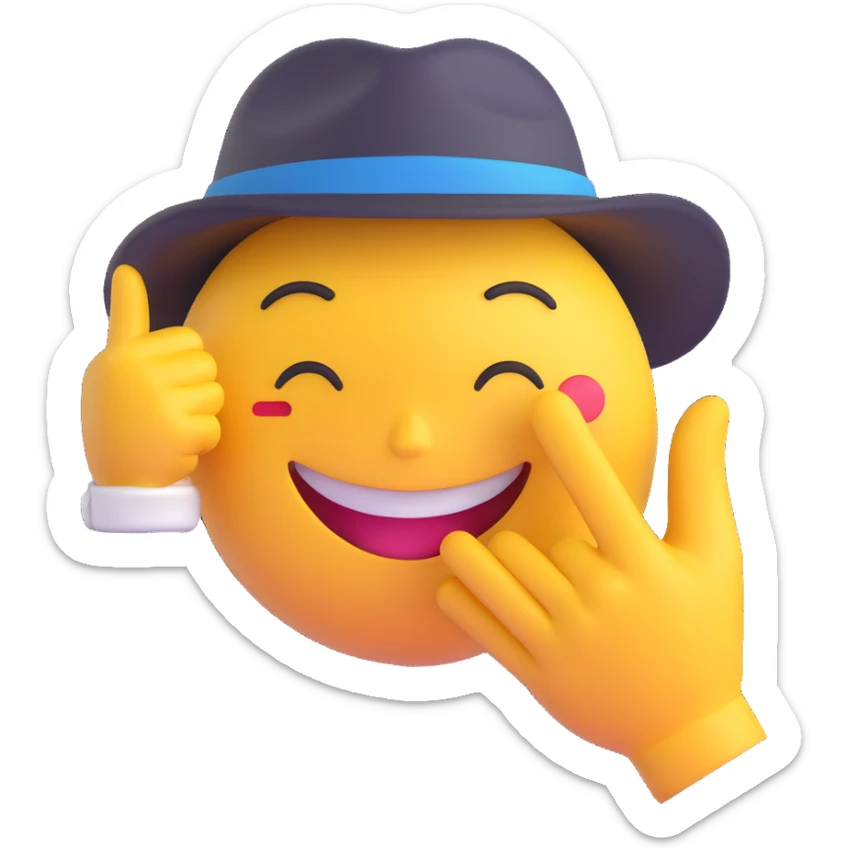 A smug-looking emoji with a wide, crooked grin and half-closed eyes, giving a cocky vibe, whilst mewing with his white hand pointing at his sharp jawline, showcasing a "sigma" look, wearing a hat. sticker