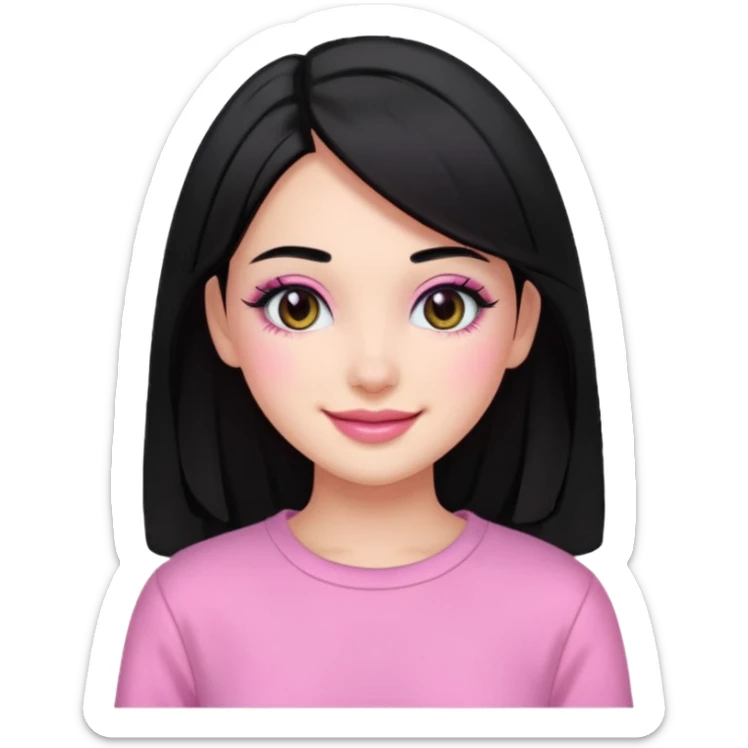 Girl with black and long hair with aesthetic clothes and with aesthetic makeup with a smile yes but with pink clothes sticker