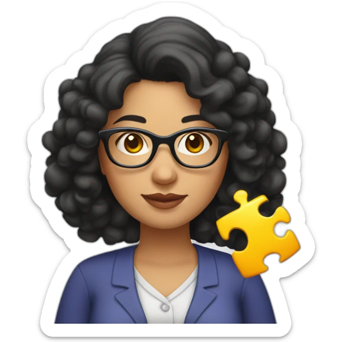 plump woman teacher in glasses with curly black hair holding large puzzles in her hands sticker