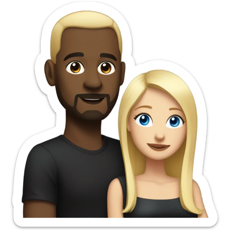 Blonde woman with blue eyes and long straight hair wearing a short black dress and a black man who is bald with a goatee seated together on a sofa enjoying a passionate embrace.   sticker