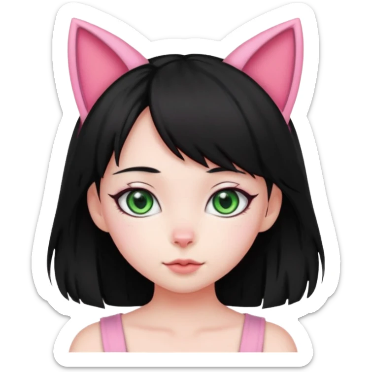 cute girl, pink cat ears, green eyes, black hair sticker
