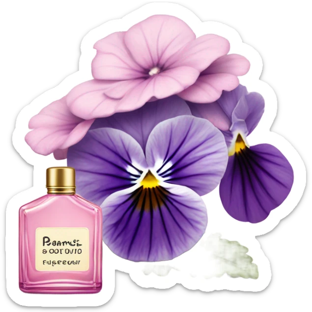 composition of aesthetically pleasing purple pansies, pastel pink daisies and a rosy vintage-style perfume bottle sticker