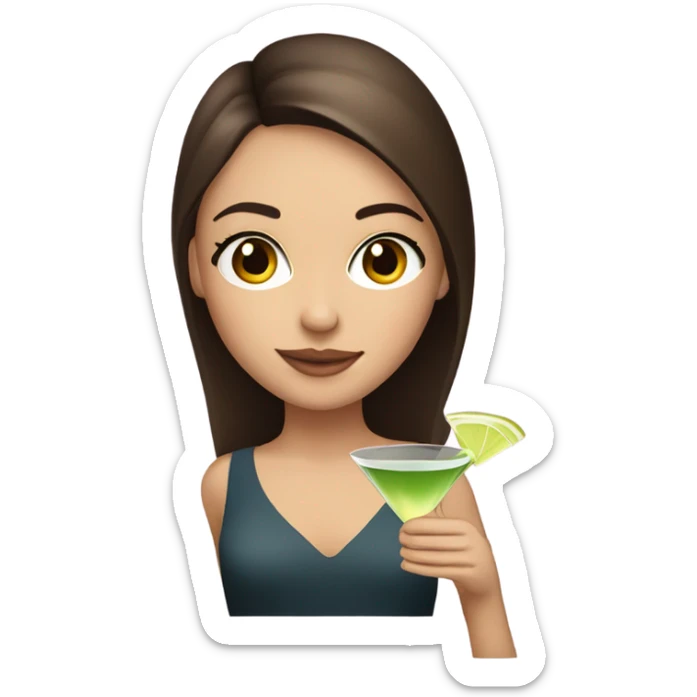Beautiful straight brown haired girl brown eyes with eyelashes holding a martini sticker