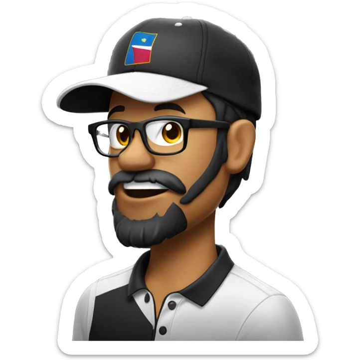 filipino golfer face wearing black rimmed glasses, 5 o clock shadow beard, wearing black cap. with silly face tongue out sticker
