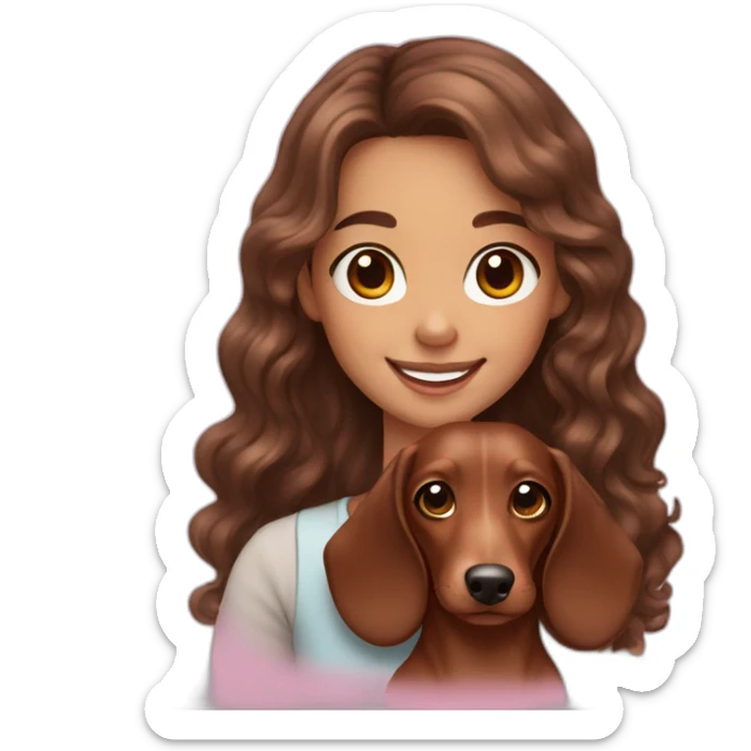Girl long curly brown hair smiling and brown eyes with long eyelashes and holding a dachshund  in her arms sticker