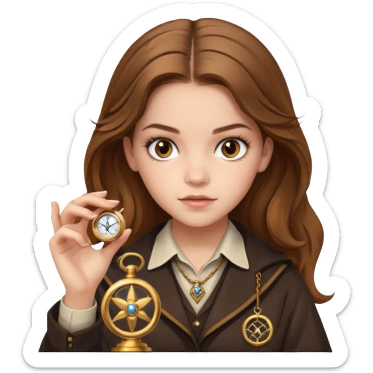 Barbara Palvin as Hermione Granger with brown eyes and holding a time turner sticker