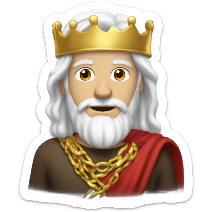 White man with long white hair wearing gold crown with red bandana around his neck sticker