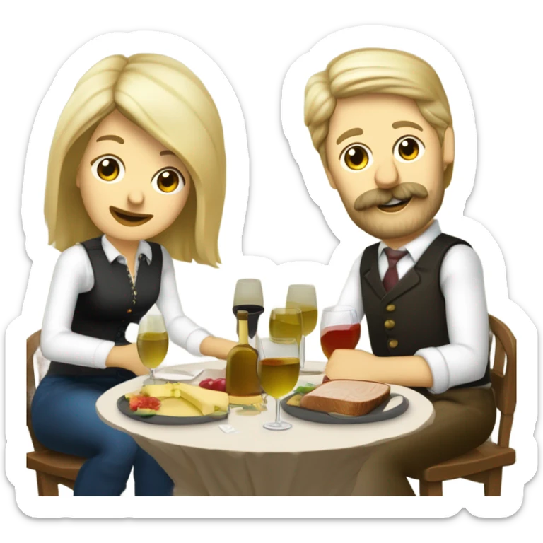 Repas raclette et deux verres de vin blanc en couple 50 ans, femme blonde cheveux aux-dessus des épaules homme petite barbe et moustache grisonnantes et cheveux bruns sticker