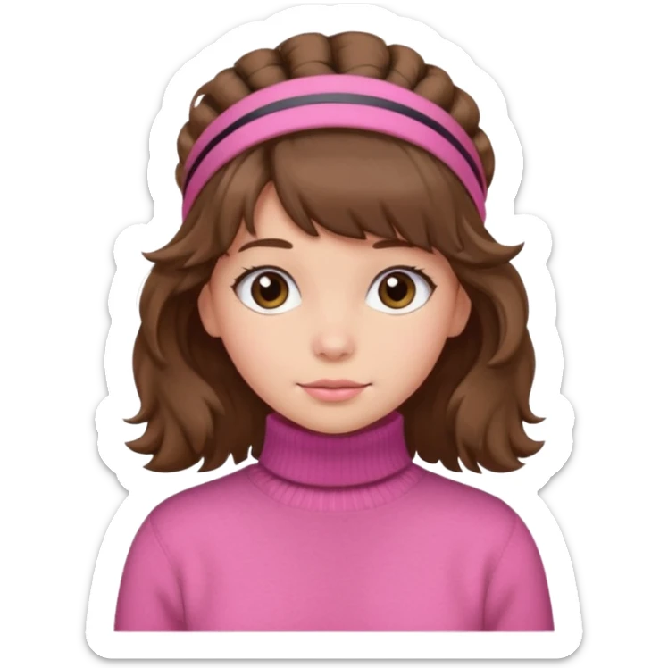 brown fluffy haired girl with pink turtleneck sweater and hair band sticker