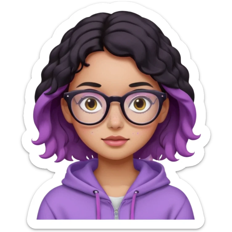 emoji of a woman, slighty tanned skin, cute freckles, pink cheeks, wavy black hair, big frame glasses and cute eyes, wearing a lilac hoodie  sticker
