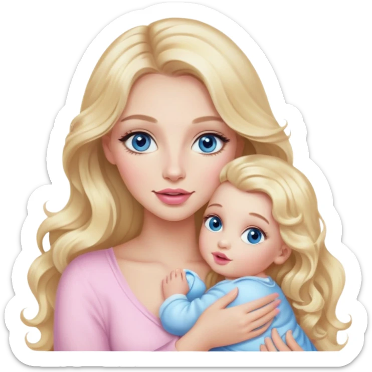 Blonde baddie with long hair Pretty makeup long lashes blue  eyes ,   light pink lips holding baby sticker