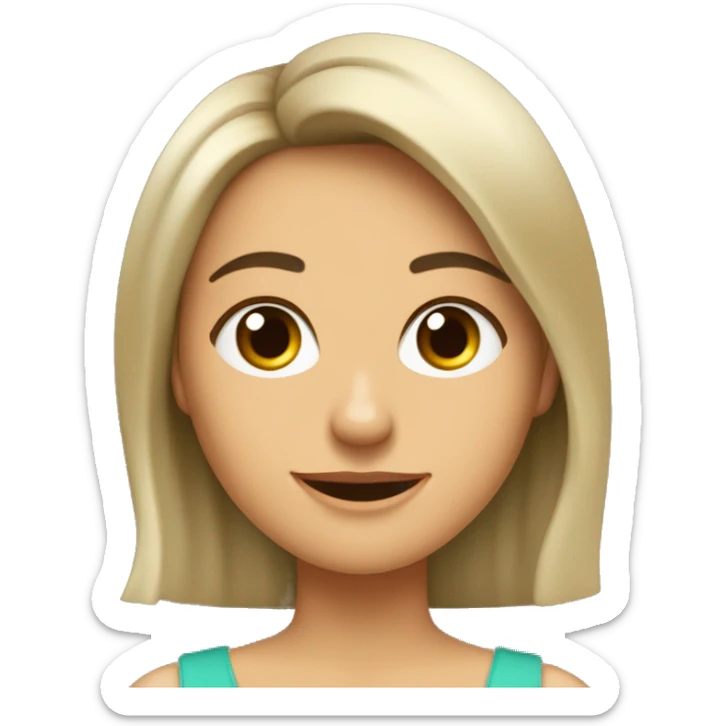 Mujer, morena, melena a la altura del hombro, flequillo recto, ojos castaños oscuros, sonriente, con hoyuelos, sticker