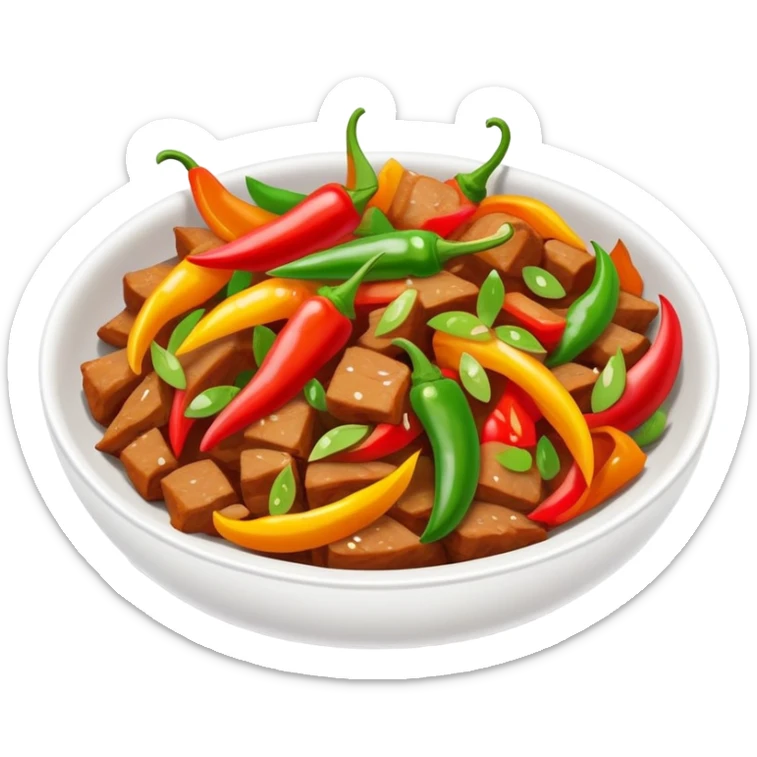 Hunan spicy stir-fried pork with colorful peppers, simplified emoji style with bold outlines and bright colors, cartoon style Chinese spicy dish sticker