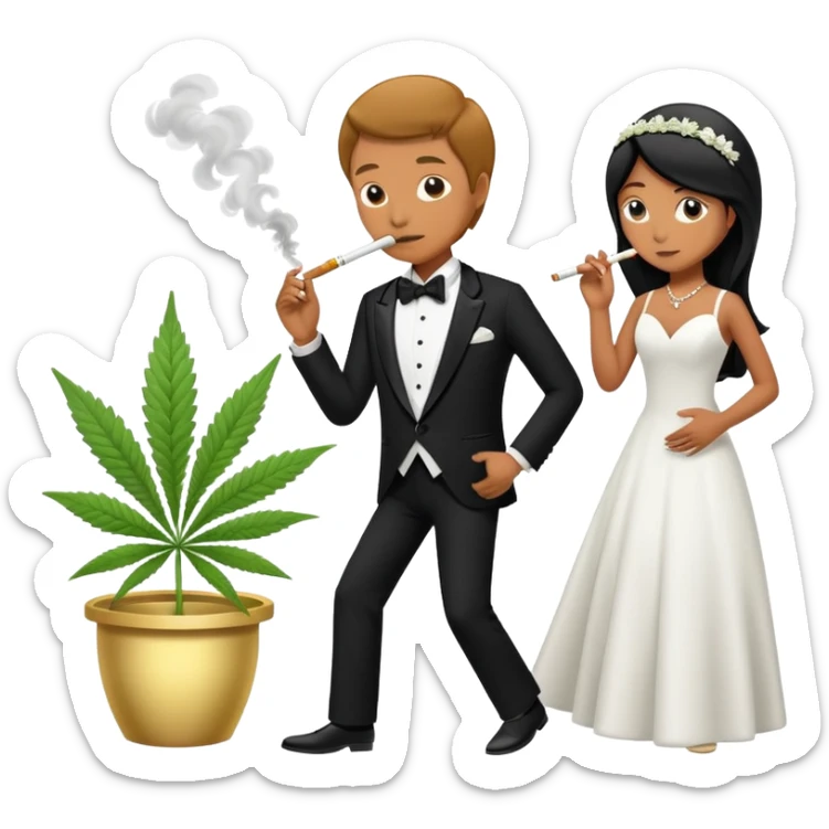 Full body view of a person in fancy clothes sneaking into a wedding ceremony smoking cannabis sticker