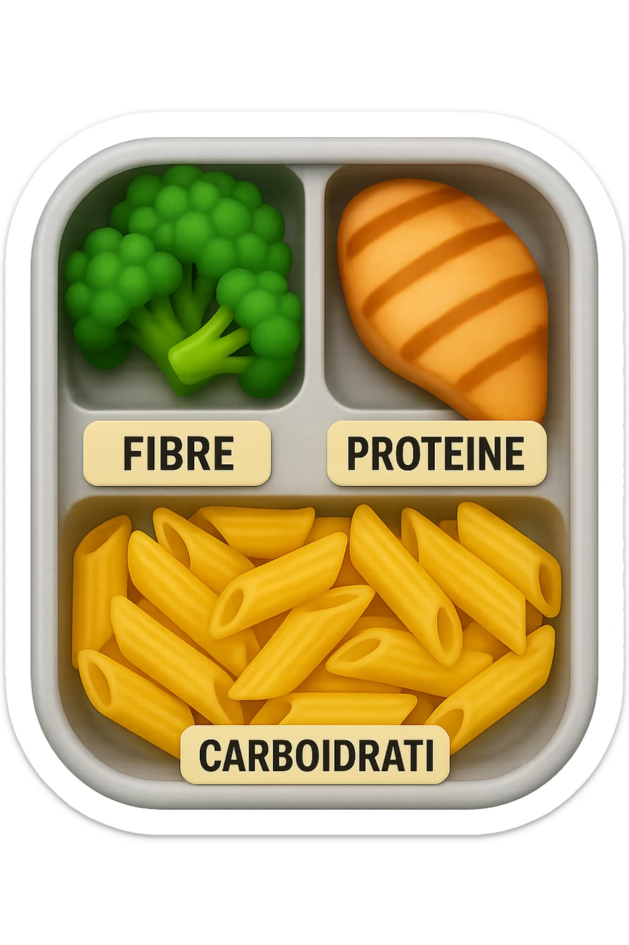 EMOJI STILE IPHONE DI una schiscetta vista dall'alto con 3 porzioni ben distinte: nelle porzioni scrivi le parole FIBRE, PROTEINE, CARBOIDRATI, iperrealistica 4k sticker