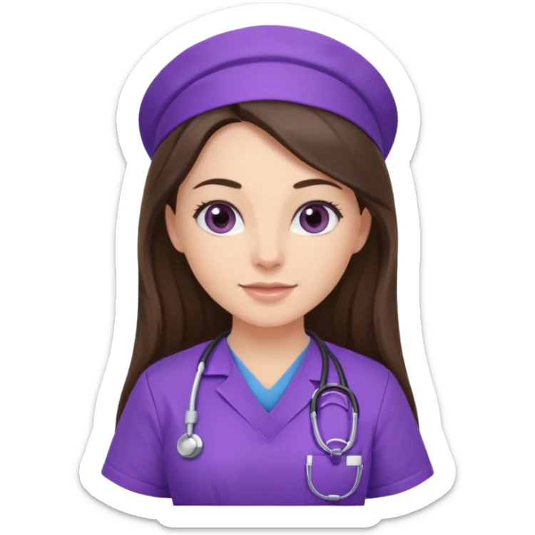 pretty brunette nurse with long hair in purple scrubs sticker