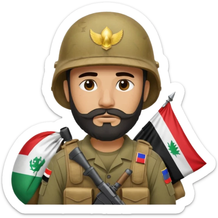 A tired and sad, swarthy Iraqi soldier with a beard, an Iraqi flag on his helmet, a sad expression and bags under his eyes sticker