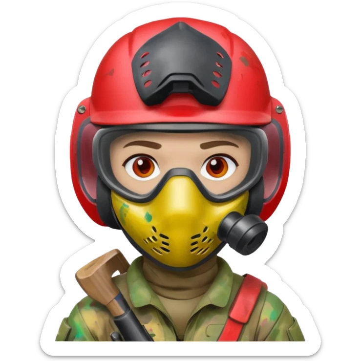 paintball player face shot with lots of colors messy red helmet sticker