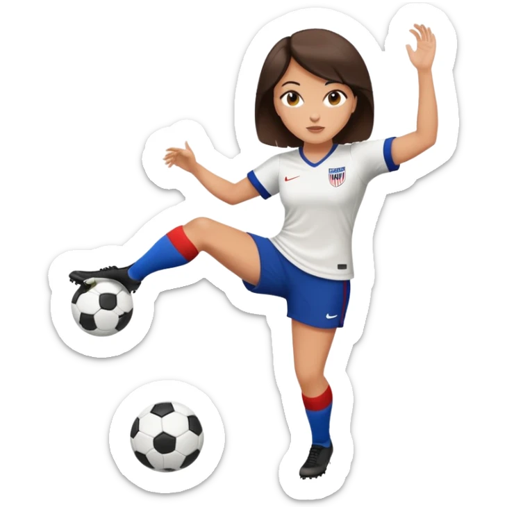 Pretty, slightly curvy white woman with short dark brown hair wearing a USMNT jersey and kicking a soccer ball sticker