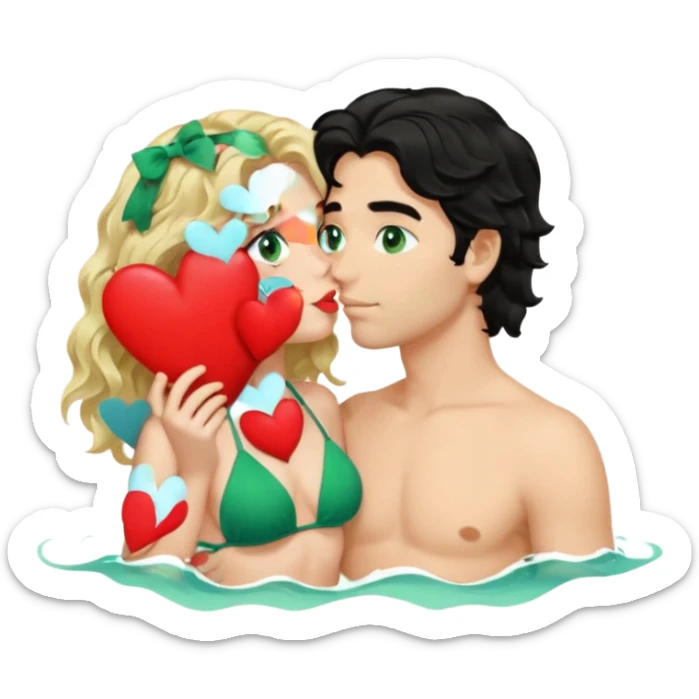 Blonde girl Green eyes wavy hair Green Bikini whole body Kissing man black Hair blue eyes Hearts in Body Background beach sticker
