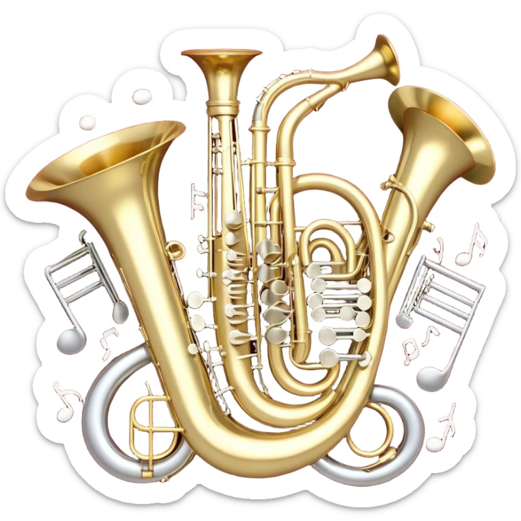Create a festive and elegant emoji collage featuring a bouquet or fan of bells of wind instrument  (trumpets, saxophones, trombones, tubes, etc.) arranged in a radiant, symmetrical pattern. The instruments should have polished, golden and silver finishes, with their large, shiny bells forming a beautiful, fan-like display. Include a flowing ribbon of musical notes swirling through the center, conveying movement and melody. The background should feature a deep red velvet texture, adding a touch of luxury and sophistication. The overall composition should be balanced, with an elegant and regal feel, with a transparent background to keep focus on the instruments and musical elements. sticker