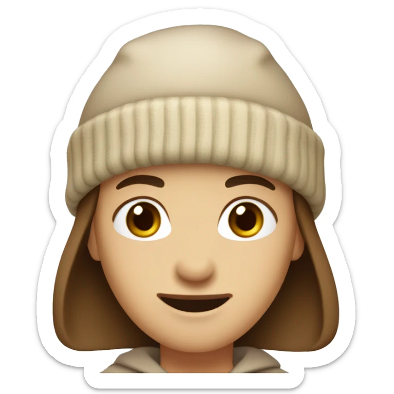 A person with medium-length brown hair, beige beanie, brown eyes, soft smile. No body only head, face. sticker