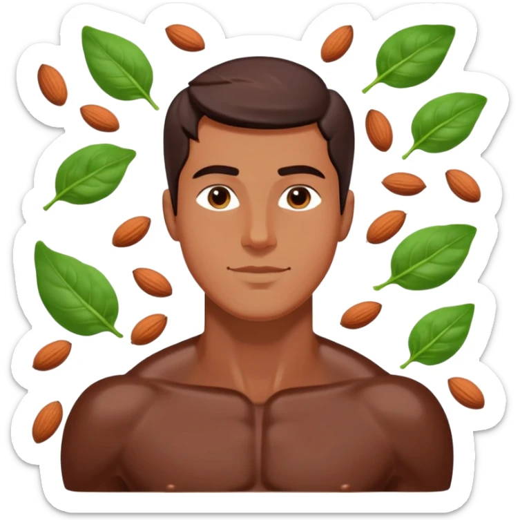 Relaxed male figure surrounded by floating foods: large pieces of shiny dark chocolate prominently displayed, with spinach leaves, almonds, and seeds. Soft light connecting these magnesium-rich foods to muscles and nervous system, showing a soothing effect on the man's body. sticker