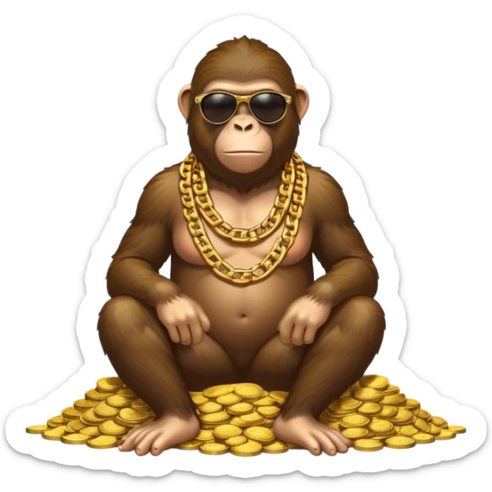 ape with big golden chain on the neck wearing sunglasses sitting on the big pile of gold coins  full height. sticker