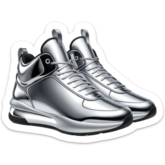 A pair of futuristic sneakers emoji made of silver chrome, sleek streetwear design, smooth metallic panels, subtle reflections, luxury swag aesthetic, iOS emoji style, centered, clean white background sticker