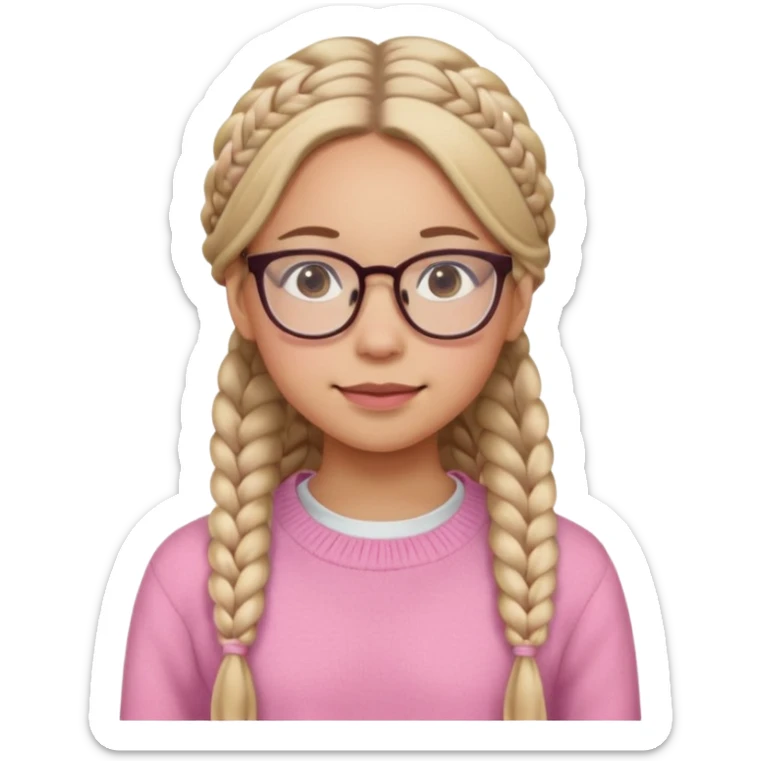 black cute young adult girl with classes and braids that are long , and some blush, in a pink sweater  sticker